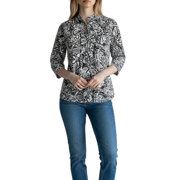 Laura Ashley Petite Black White 100% Linen Shirt Womens Sz PM Embroidered Loose - Picture 1 of 16